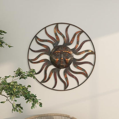 Deco 79 Metal Sun Home Wall Decor Indoor Outdoor Wall Sculpture with Colorful Painted Accents, Wall Art 36" x 2" x 36", Brown