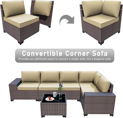 6PCS Outdoor Patio Furniture Set,PE Rattan Wicker Patio Conversation Set with Washable Cushions & Glass Coffee Table,Patio Sectional Furniture Set for Garden, Poolside, Backyard,Sand