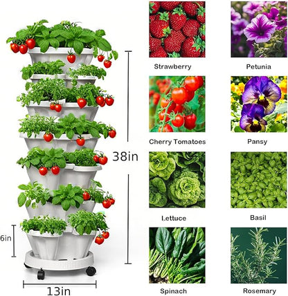 Strawberry Planters, 7 Tiered Vertical Stackable Planter, Herb Stacking Tower Garden, Flower and Vegetable Planters with Support Pole Indoor & Outdoor with Removable Wheels - Dark Grey