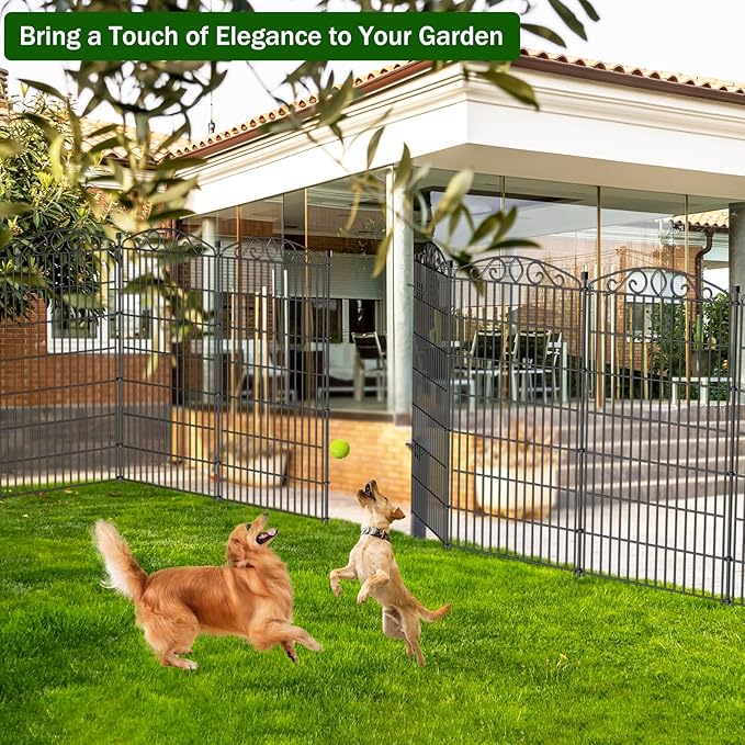 5 Panel No Dig Decorative Garden Fence with Gate - 48in H x 11.4 ft L, Tall Animal Barrier for Dogs Rabbits, Rustproof Metal Wire Panels for Yard, Patio, and Outdoor Border Use