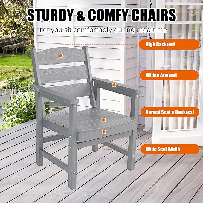 Patio Dining Chair Set of 2, Poly Lumber Outdoor Dining Chairs, Weather Resistant HIPS Outdoor Chairs for Pool, Deck, Backyard, Garden, Fire Pit Seating, Grey