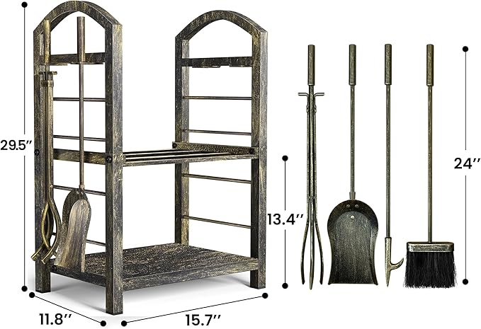 AMAGABELI GARDEN & HOME Firewood Rack Indoor with Tools 5-Piece Fireplace Tools Set Wood Holder Outdoor Wrought Iron Log Holder Firewood Storage Rack for Fireplace,Fire Pit,Wood Stove Bronze