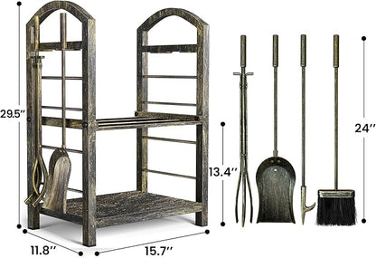 AMAGABELI GARDEN & HOME Firewood Rack Indoor with Tools 5-Piece Fireplace Tools Set Wood Holder Outdoor Wrought Iron Log Holder Firewood Storage Rack for Fireplace,Fire Pit,Wood Stove Bronze