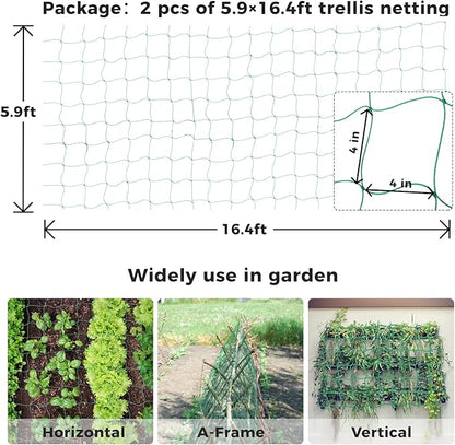Kikhope Trellis Netting for Climbing Plants, 2 Pack 5.9 ft x 16.4 ft Heavy Duty Garden Trellis Netting for Cucumber, Vine, Tomato, Plants Trellis Net for Climbing Vine Plants Fruits & Vegetables