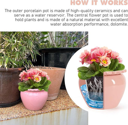 8in Pink Ceramic Self Watering Planter - Terracotta Maintenance Plant Seeder for Indoor African Violet Plants