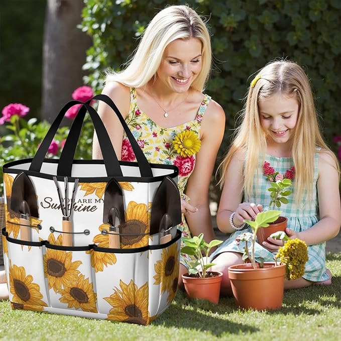 Sunflower Garden Tool Bag - Waterproof Garden Tote with 8 Pockets, Large Storage Home Organizer Gardening Tool Oxford Bag for Garden Tools Kits Holder, Ideal Outdoor Gardening Gift for Women & Men
