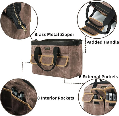 Tool Bag, Durable 16oz Waxed Canvas Wide Mouth Water-Resistant Electrician Tool Bag, Tool Tote with Handle for Tools, Wrenches, Screwdrivers (15 X 7.8 X 11.5 Inch) | Grey