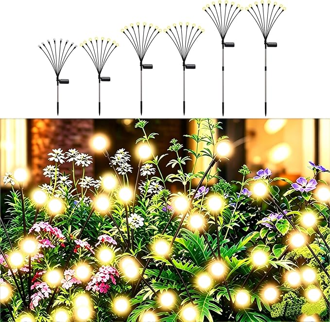 Solar Firefly Lights Warm White, 8 Modes 800mAh Swaying Firefly Yard Lights Solar Powered Outdoor Waterproof for Outside Yard Patio Lawn Pathway Walkway Stake Christmas Garden Decor (6 Pack)