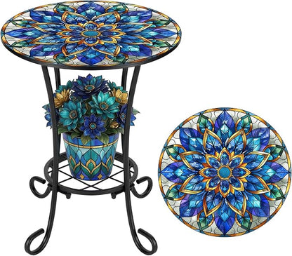 Cinnvoice Outdoor Side Table 2-Tier Round Small Mosaic Patio Accent Indoor End Plant Coffee Tea Table for Yard Patio Porch Garden Living Room, Bedroom (Mandala Style,14 Inch)