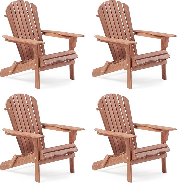 SoliWood Outdoor Wooden Folding Adirondack Chair Set of 4 with Pre-Assembled BackRest, Wood Patio Chair for Garden Backyard Porch Pool Deck Firepit