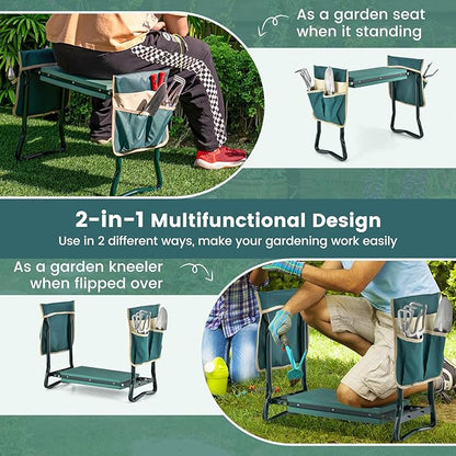 Goplus Garden Kneeler and Seat, Foldable Garden Bench for Kneeling & Sitting, Widened 8" EVA Soft Foam Pad, Heavy-Duty Garden Stool w/ 2 Large Tool Pouches, Gardening Gift for Women Men Seniors