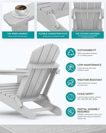 SERWALL Folding Adirondack Chair Set of 4, Weather Resistant HIPS Patio Chairs with Cup Holder for Garden Outdoors Fire Pit- Spanish Gray