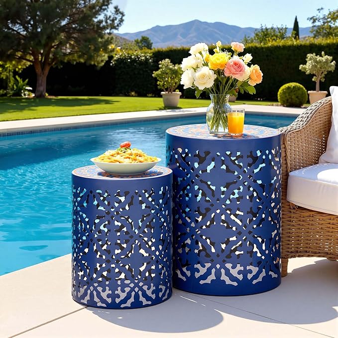 2-Pack Outdoor Side Table, Modern Decorative Coffee Table with Vintage Scroll Cut-Out Design, Heavy Duty Metal Mosaic Table with No Assembly, Industrial Round Garden Stool for Patio, Indoor