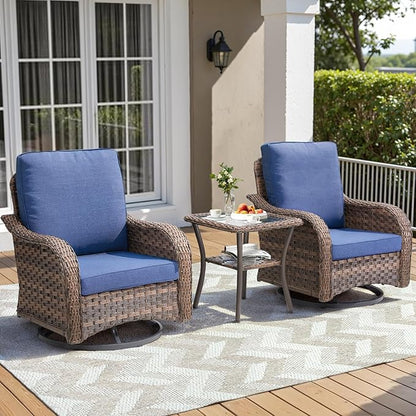 Patio Wicker Chairs Swivel Rocker Outdoor Rocking Chairs Set of 3 Rattan Furniture Set with Thick Cushion, Side Tables for Balcony Deck Backyard, Blue