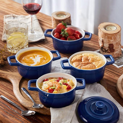 Lareina Mini Cocotte - 12oz Ceramic Casserole Dishes - Kitchen Casserole Sets With Handles And Lid - Small Baking Ramekins - Oven, Microwave & Dishwasher Safe - Set of 4 - Blue | Small casserole ramekins with handles, oven, microwave & dishwasher safe....