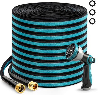 50FT Garden Hose, Kink-Free Non-Expandable Flexible Water Hose with 10-Pattern Spray Nozzle, Lightweight Leakproof Flat Hose with 3/4” Solid Brass Connector for Yard, Lawn & Outdoor Use