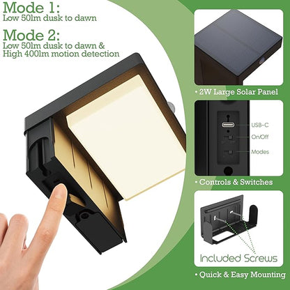 Square Solar Wall Lights - Solar Powered Wall Lamps - LED Lights - PIR Sensor & Two Lighting Modes - Rechargeable Battery Lasts Up to 55 Hours - 3000K - IP44 Weather Resistant - 2 Pack