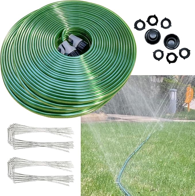 SECBULK 150 FT (75FT*2) Flat Sprinkler Hose for Lawn Watering Garden Soaker Hose with Holes, Heavy Duty Lightweight No-Kink Water Hose with Stakes, Irrigation Hose, Great Fun for Kids and Dog