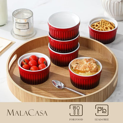 MALACASA Ramekins 8 oz Oven Safe, Large Ceramic Souffle Dishes for Baking & Serving, Stoneware Custard Cups Ramekin for Creme Brulee, Baking Bowls Set of 6, Red, Series RAMEKIN-DISH