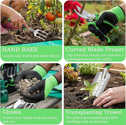 10-Piece Garden Tool Set - Heavy Duty Lightweight Aluminum Alloy Gardening Tools with Storage Tote Bag, Rust-Proof Gardening Hand Tools & Non-Slip Ergonomic Grip, Ideal Gardening Gifts for Women