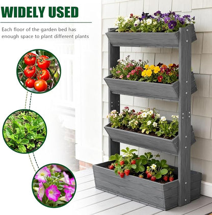 SUNYRISY 4 Tiers Vertical Raised Garden Bed Outdoor Planter Tower, Wooden Freestanding Planter Box for Planting Herbs Flowers Vegetables Patio Balcony Indoor Outdoor Gardening, Grey