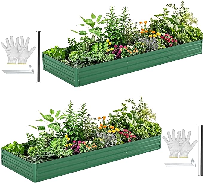 DWVO 2pcs 12 x 4 x 1 FT Raised Garden Bed Kit, Outdoor Galvanized Flower Bed with Safety Rubber and Gloves, Large Metal Planter Box for Vegetables, Flowers, Herbs, Fruits, Green