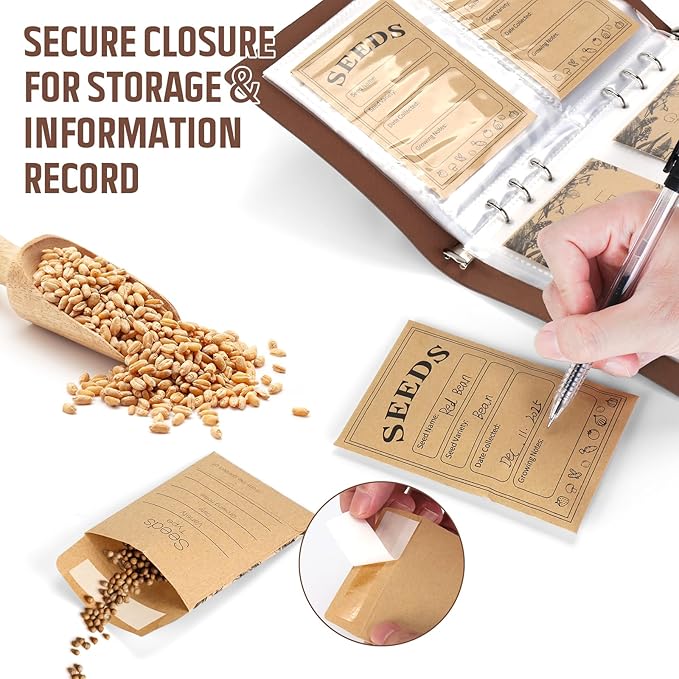 Seed Storage Organizer, Seed Packet Organizer Binder with 80Pcs Garden Seeds Storage Envelopes and 40 Clear Pocket Sheet Protectors for Protecting Vegetable Seeds (Brown, 9.1 x 6.5inch)