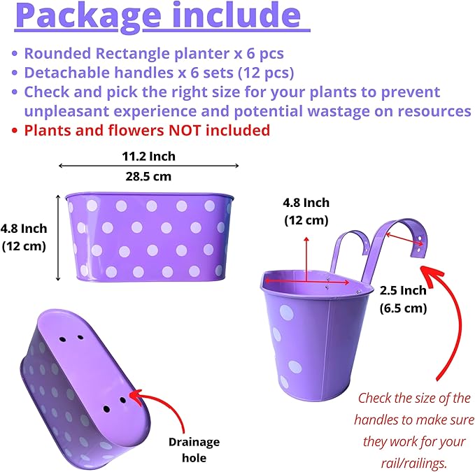LaLaGreen Outdoor Hanging Planter (11.2 Inch, 6 Pack) Light Blue, Neon Pink, Dark Purple, Yellow, Red Cute Metal Iron Flower Pots Bucket Colorful Polka Dot Herb Deck Railing Fence Bucket Patio Decor