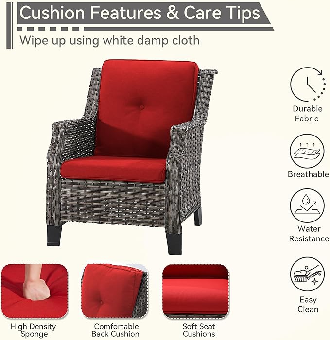 Patio Chairs Set of 2 Rattan Chair Patio Furniture Set with Thick Cushions and All-Weather PE Wicker for Garden, Patio and Porch, Red