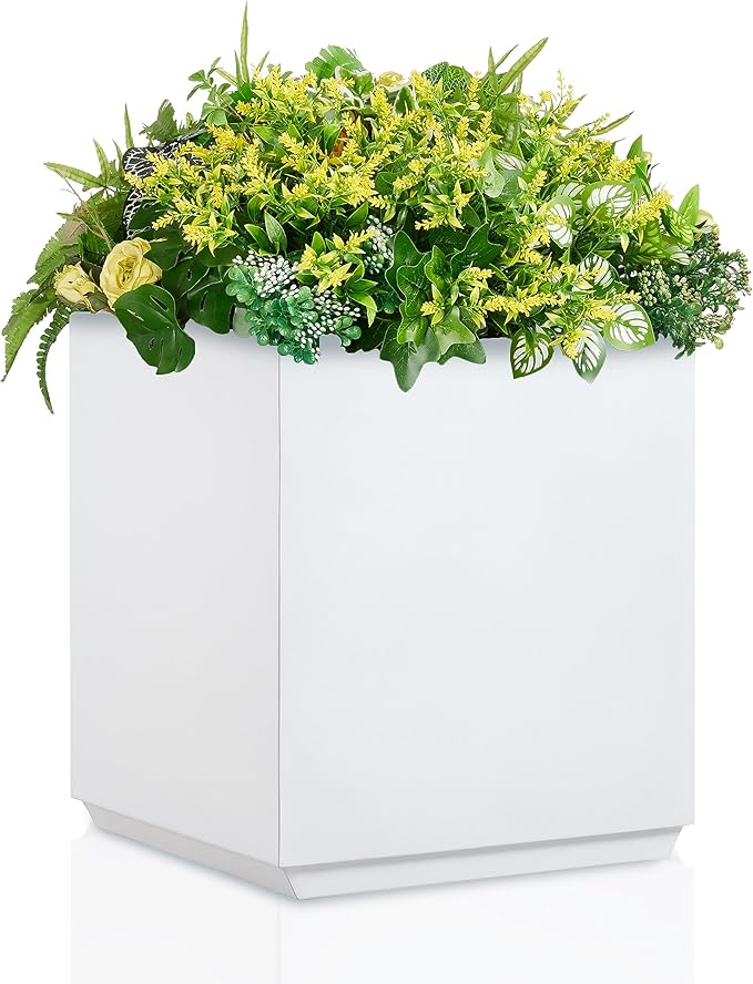 Wallowa Metallic Heavy Cube Square Planter, No Assembly Required, Seamless Large Outdoor Planter, Tall Plants and Flowers 17'Lx17'Wx20'H 24lbs White