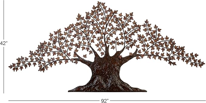Deco 79 Metal Tree Home Wall Decor Indoor Outdoor Wall Sculpture with Leaves, Wall Art 92" x 42" x 1", Dark Brown