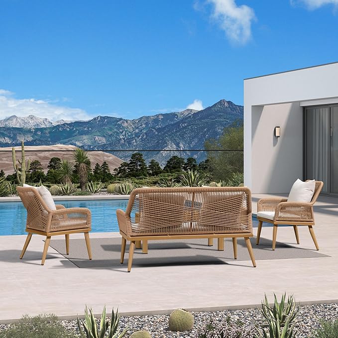 PURPLE LEAF 4-Piece Patio Conversation Set – Wicker Outdoor Furniture with Aluminum Table, 3 Rattan Chairs for 4 People, Thick Sofa Cushions, Ideal for Garden, Backyard, Lawn, or Poolside, Teak