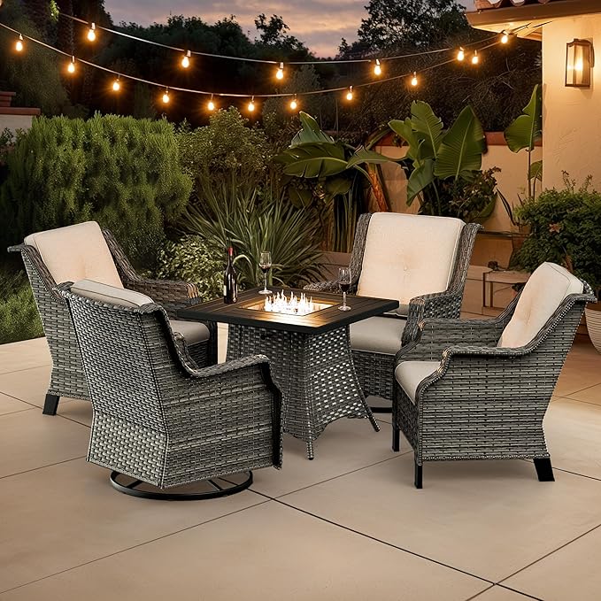 5-Piece Patio Wicker Conversation Set with Fire Pit, Furniture Set Includes 2 Swivel Rocker Chair and 2 Armchair, Cushion Beige