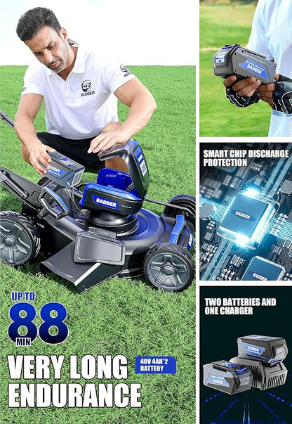 Wild Badger Power 40V 21″ Cordless Lawn Mower Brushless, 6,534 sq ft/0.15 ac, 2×4.0Ah Batteries & Fast Charger, 7-Position Heights,for Medium-to-Large Lawns