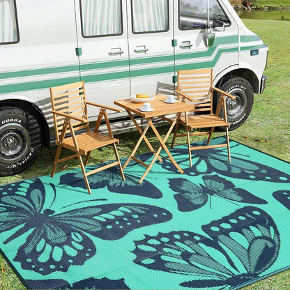 Anidaroel Butterfly Outdoor Rug 8X10 Patio Waterproof, Reversible Plastic Straw Outside Area Rug, Large Outdoor Area Rug for Deck, Camper, Backyard, Picnic(Green,8‘X10')