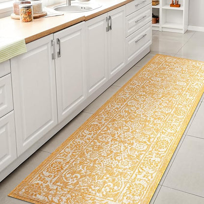 JONATHAN Y Weave Floral Indoor Outdoor Runner Rug 2X10 Yellow/Cream, Tela Bohemian Textured for Backyard, Patio, Porch, Easy-Cleaning, High Traffic, Pet-Friendly, Non-Shedding (SMB100E-210)