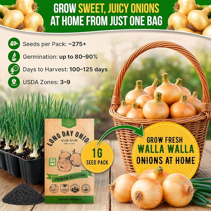 Onion Walla Walla Seeds Pack 1G - Over 275 Non-GMO Heirloom Onion Seeds for Planting Vegetables in Individual Seed Packet, Vegetable Seeds for Planting Home Garden Indoor & Outdoor Gardening
