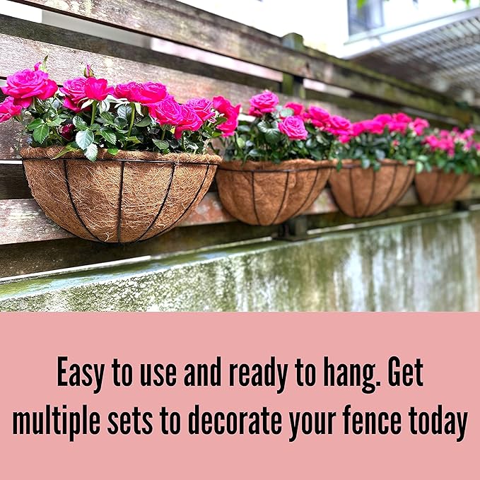LaLaGreen Wall Hanging Planters, 2 Pack, 12 Inch Wall Mounted Flower Baskets with Coco Liner, Metal Iron Wire Plant Holder for Outdoor Window Box Herb Outside Fence Railing Deck Porch Balcony Garden
