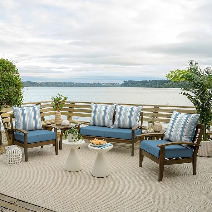 Arden Outdoor Deep Seat Cushion Set (4-Pack), 24 in x 24 in, Weather-Proof, Rain-Proof, Fade Resistant Patio Cushion for Chair, Sofa, and Couch French Blue Linen Stripe