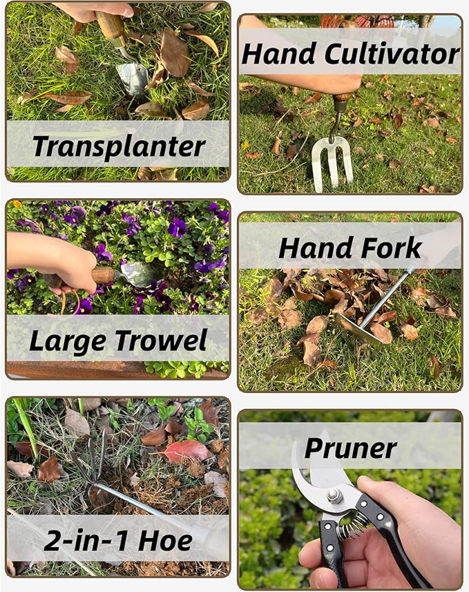 Garden Tool Set, 6PCS Heavy Duty Stainless Steel Gardening Hand Tools with Ropes, Includes Hand Cultivator Shovel Trowel Transplanter 2-in-1 Hoe Pruner, Ideal Gardening Gifts for Women Men (Classic)