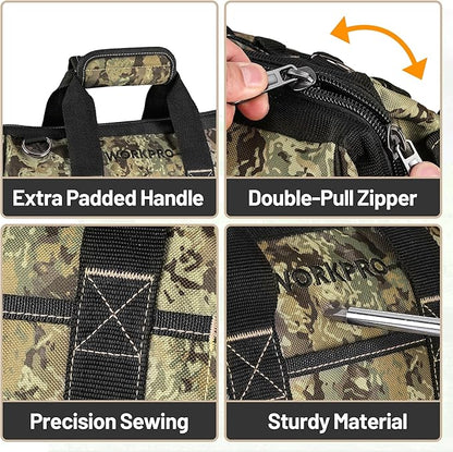 WORKPRO 16-Inch Wide Mouth Tool Bag, Multi-Pocket Tool Bags for Men with Adjustable Shoulder Strap, Waterproof Oxford Fabric and Sturdy Buttom