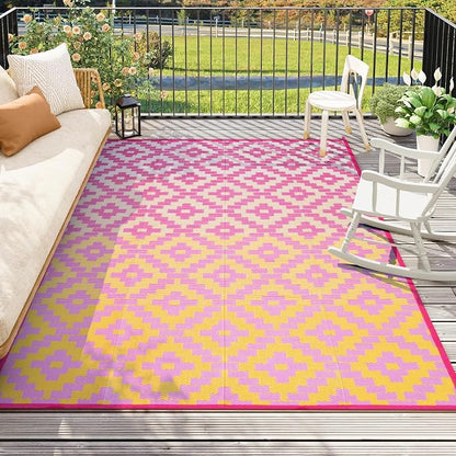 Anidaroel Ombre Outdoor Rugs 8x10 for Patios Clearance, Waterproof Camping Rugs for Outside RV, Reversible Plastic Straw Mat, Large Outdoor Area Rug for Deck, Backyard, Picnic(Orange&Pink,8‘x10')