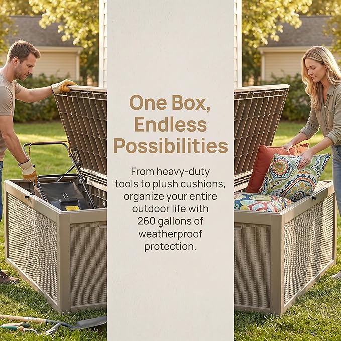 260 Gallon Deck Box, Waterproof Resin Outdoor Storage Box Lockable for Patio Furniture, Fade Resistant Patio Side Table & Organizer for Garden Tools, Pool Float, Outdoor Cushions, Light Coffee