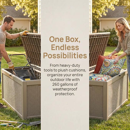 260 Gallon Deck Box, Waterproof Resin Outdoor Storage Box Lockable for Patio Furniture, Fade Resistant Patio Side Table & Organizer for Garden Tools, Pool Float, Outdoor Cushions, Light Coffee