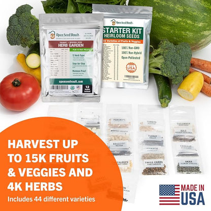 Open Seed Vault | 44 Heirloom Seed Types Variety Pack Bundle | 2026 Season | Non GMO Herbs, Vegetable and Fruit Seeds | Planting Outdoor & Indoor Garden | Gardening Starter Kit High Yield Produce