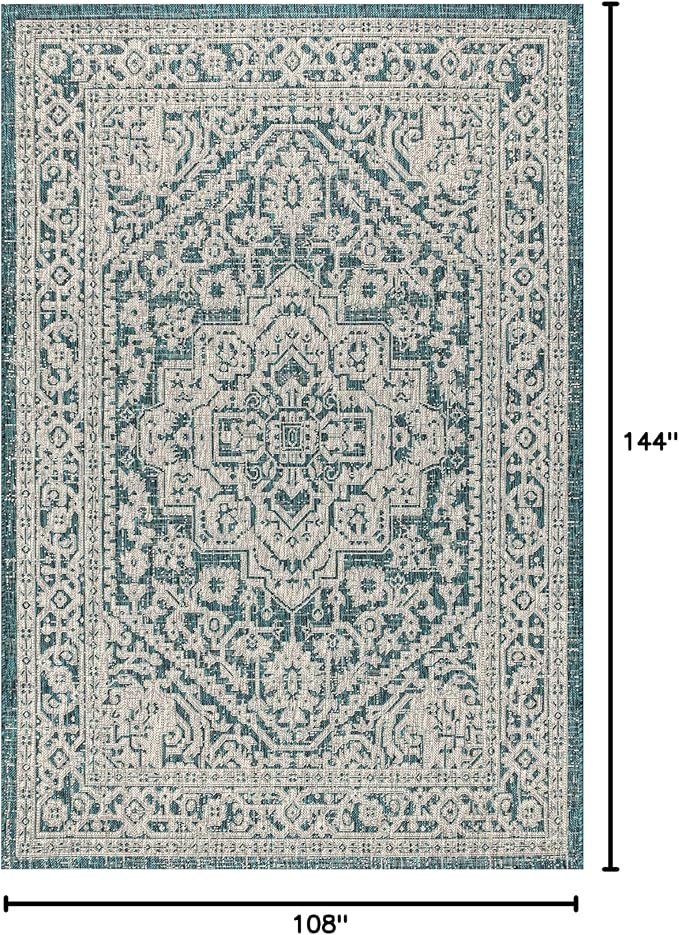 JONATHAN Y Medallion Weave Indoor Outdoor Area Rug 9X12 Teal Blue/Gray, Sinjuri Textured for Backyard, Patio, Porch, Easy-Cleaning, High Traffic, Pet-Friendly, Non-Shedding (SMB101C-9)