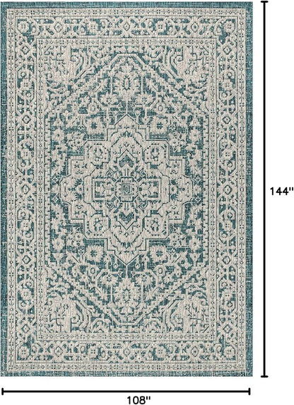 JONATHAN Y Medallion Weave Indoor Outdoor Area Rug 9X12 Teal Blue/Gray, Sinjuri Textured for Backyard, Patio, Porch, Easy-Cleaning, High Traffic, Pet-Friendly, Non-Shedding (SMB101C-9)