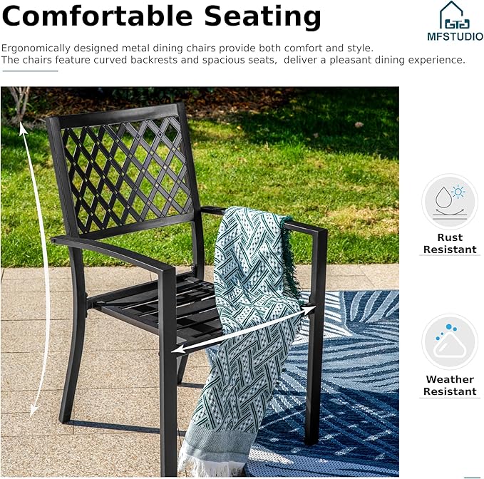 MFSTUDIO Patio Table and Chairs Set of 4, Outdoor Dining Set for 4 with Umbrella Hole, Metal Patio Furniture Set for Deck/Backyard/Poolside/Garden