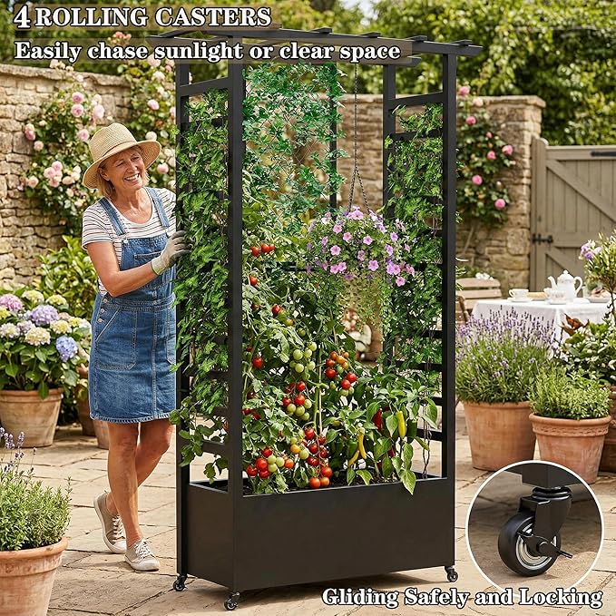 74" Mobile Planter with Trellis,Weatherproof Vertical Raise Garden Bed with Trellis & Hanging Roof for Climbing Plants,Flowers,Vegetables,Rust-Proof Metal Privacy Planter for Patio (Black-A)