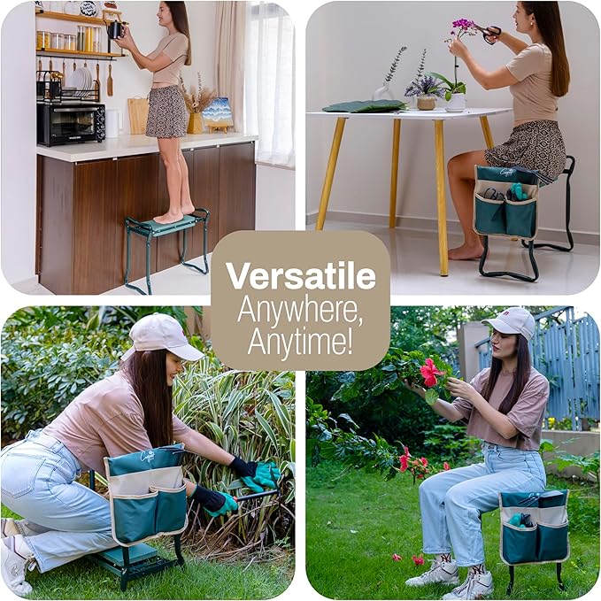Garden Seat and Kneeler - Upgraded Widened EVA Cushion Seat (6.1” Wider), Thick & Wide Garden Stool, Foldable with Pouch, Gloves & Tool Bag – Gardening Gifts for Parents & Seniors
